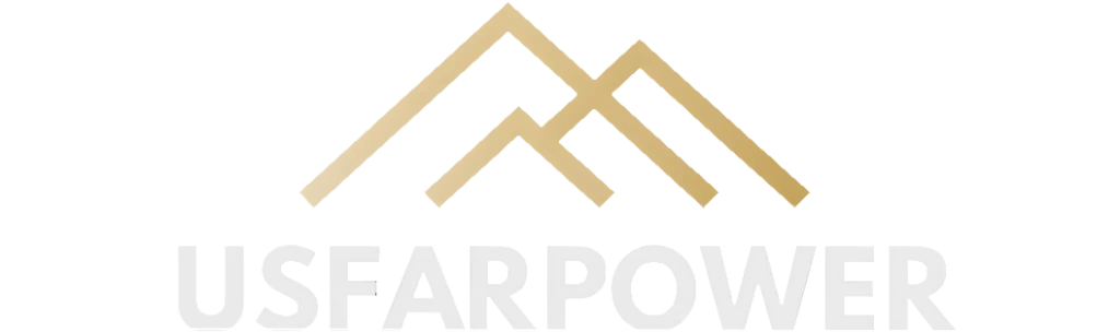 Logotipo de USFARPOWER con montañas estilizadas en color dorado y texto en blanco, representando innovación y energía sostenible.
