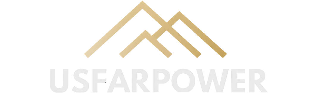 Logotipo de USFARPOWER con montañas estilizadas en color dorado y texto en blanco, representando innovación y energía sostenible.