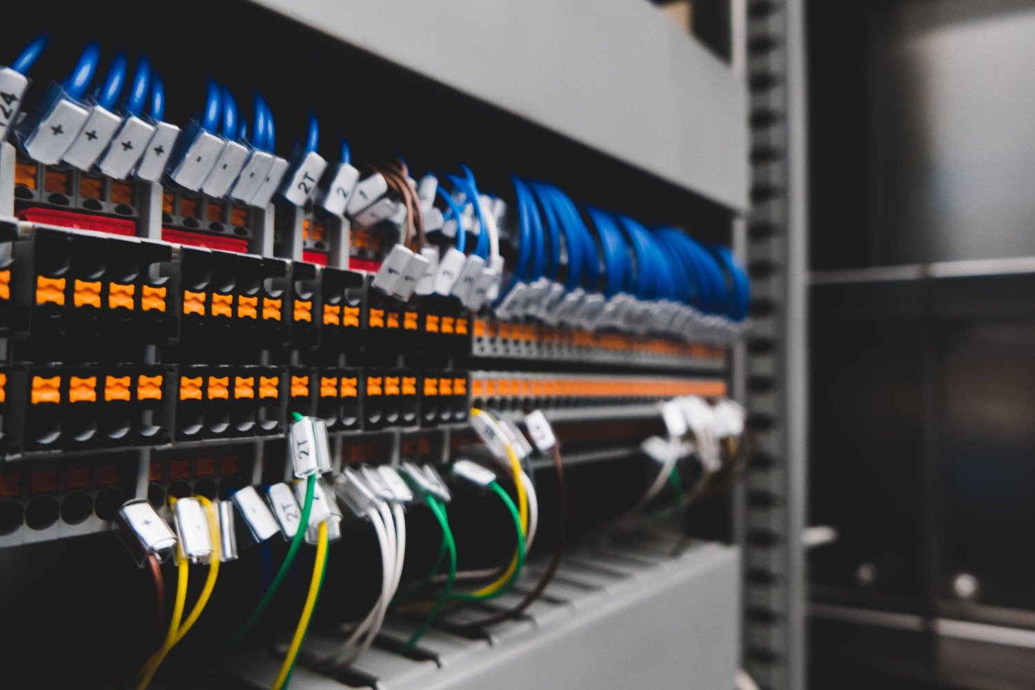 PLC panels Panel de conexiones eléctricas con cables organizados, incluyendo conectores azules y etiquetas identificativas, utilizado en sistemas de control y automatización.