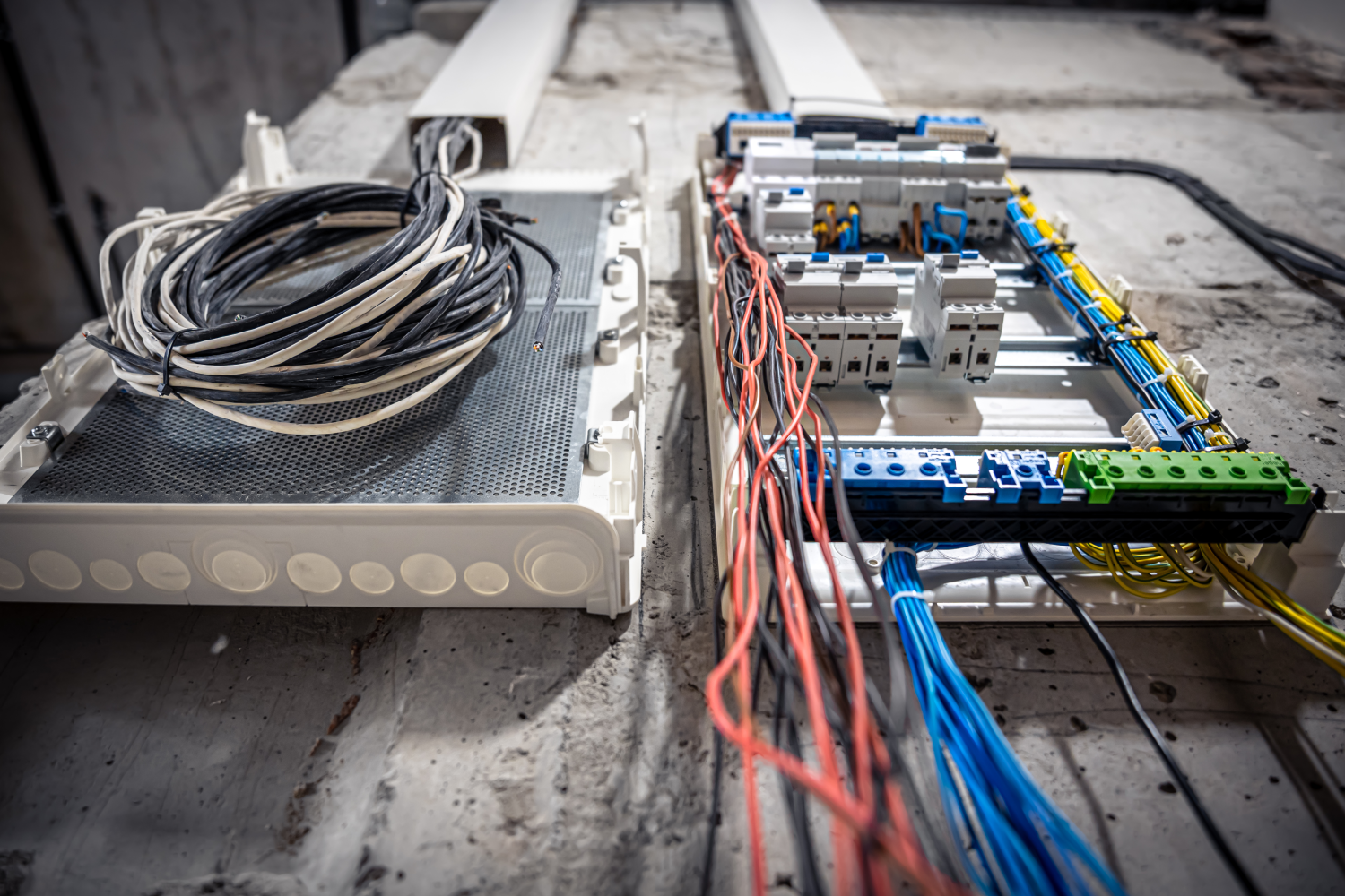 electrical installations (2) Conjunto de cables eléctricos organizados sobre una superficie de concreto, con un panel de distribución y terminales de conexión visibles. La imagen muestra cables de diferentes colores, incluyendo negro, blanco, rojo, azul y amarillo, utilizados para la instalación eléctrica.