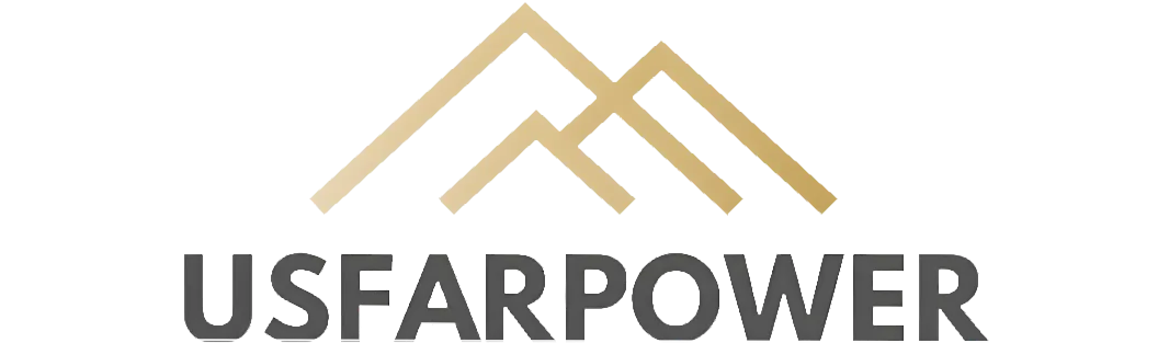 Logotipo de Usfarpower con montañas estilizadas en oro y texto en gris, representando una marca enfocada en energía y sostenibilidad.