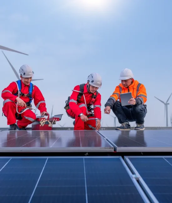 Técnicos revisando paneles solares en un techo, con aerogeneradores de fondo. Uno de los trabajadores utiliza una herramienta, mientras otro analiza datos en una tablet.